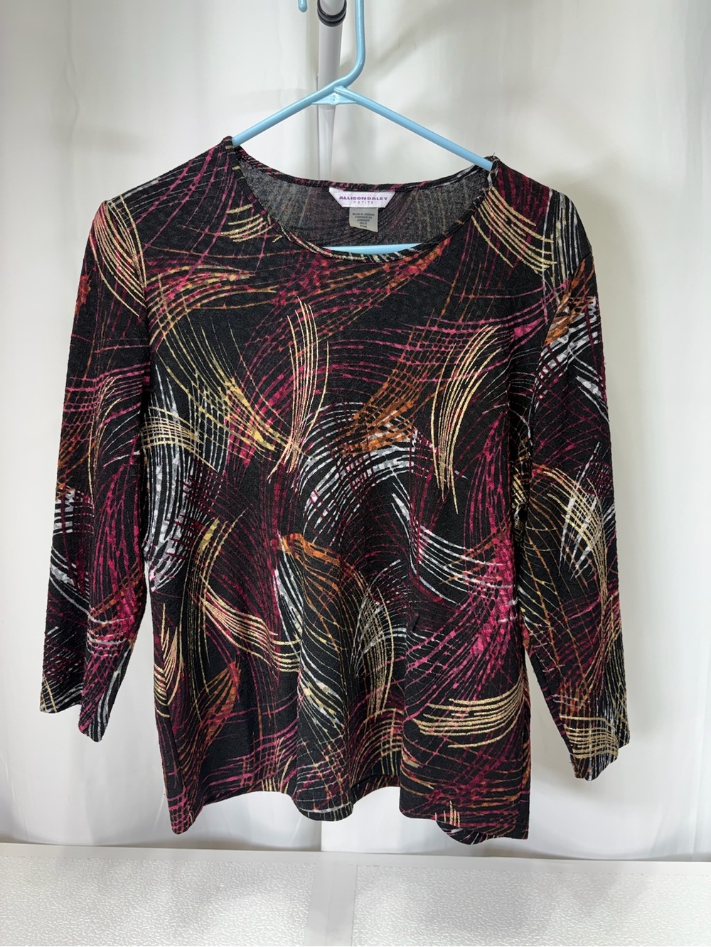 Allison Daley Black Long Sleeve Knit Top Pink, Gold & White Swirl Accents 4344